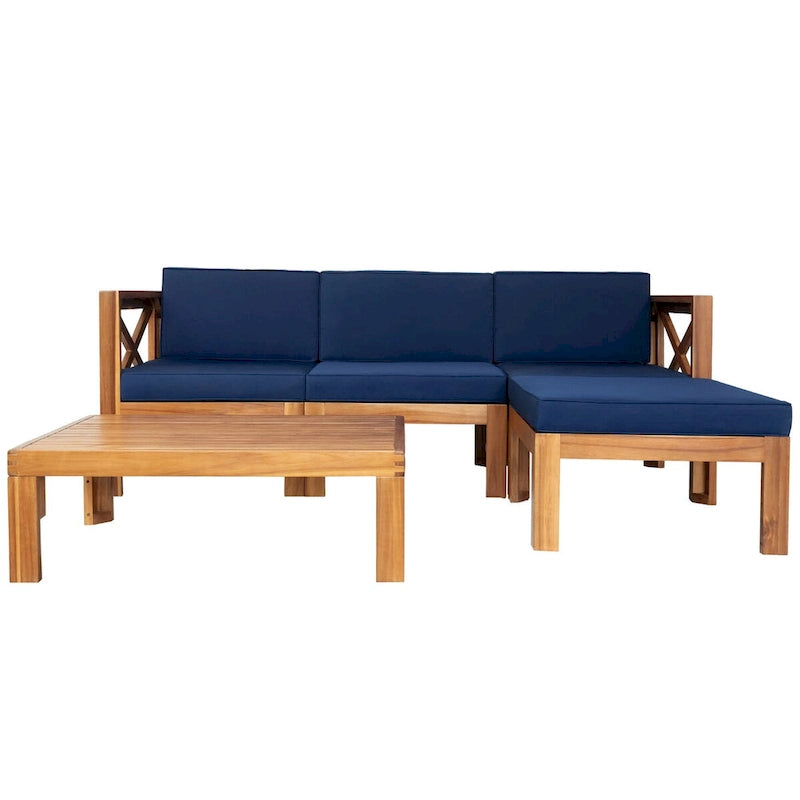Ensemble de canapé d'angle d'extérieur en bois d'acacia naturel avec table solide