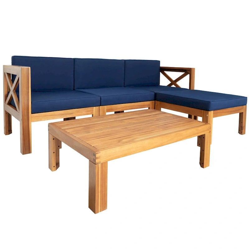 Ensemble de canapé d'angle d'extérieur en bois d'acacia naturel avec table solide