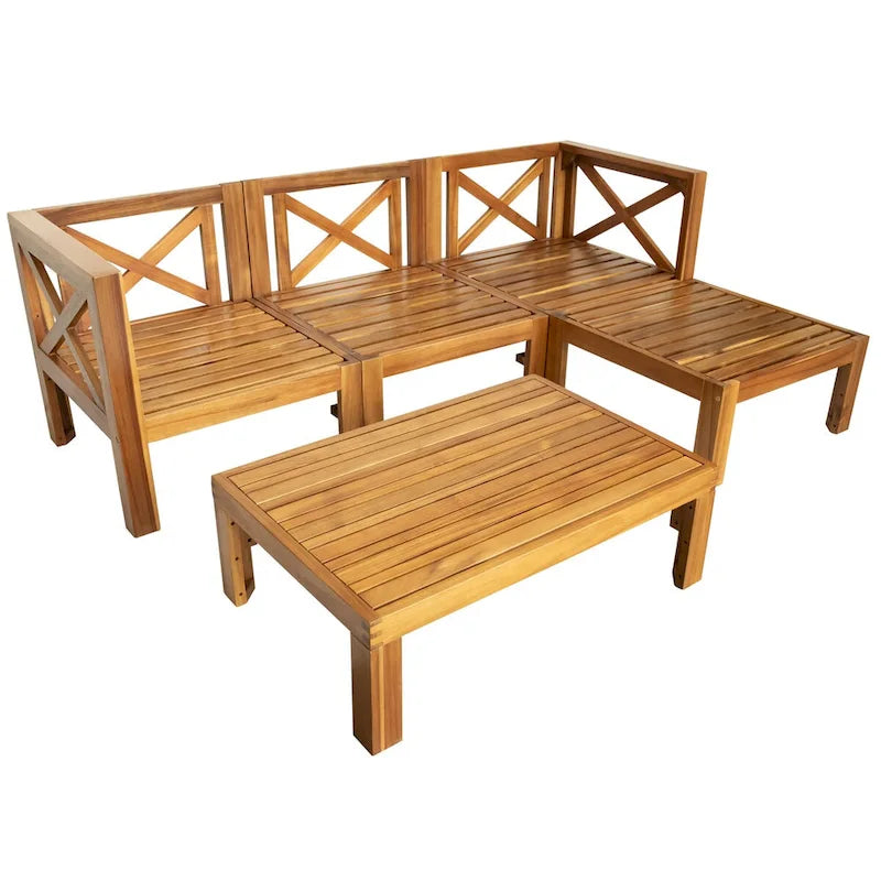 Ensemble de canapé d'angle d'extérieur en bois d'acacia naturel avec table solide
