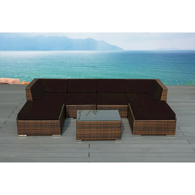 Ensemble de conversation 7 pièces en osier marron mélangé Ohana pour terrasse – Aucun assemblage requis