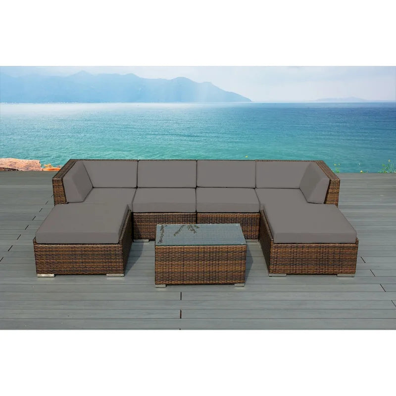 Ensemble de conversation 7 pièces en osier marron mélangé Ohana pour terrasse – Aucun assemblage requis