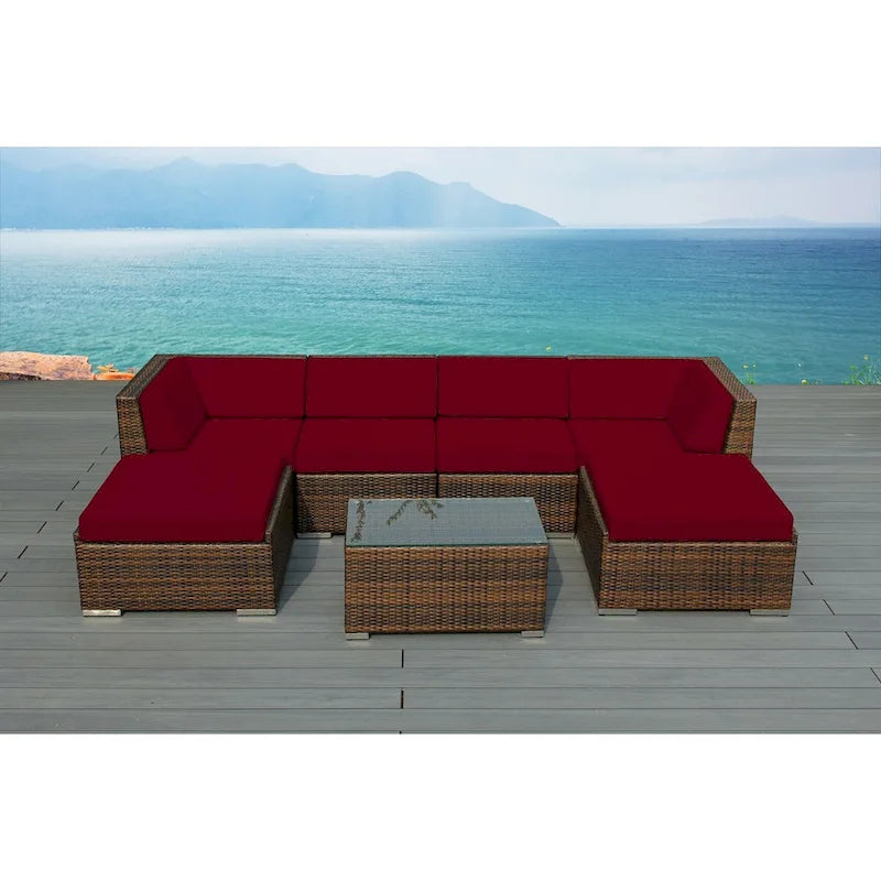 Ensemble de conversation 7 pièces en osier marron mélangé Ohana pour terrasse – Aucun assemblage requis
