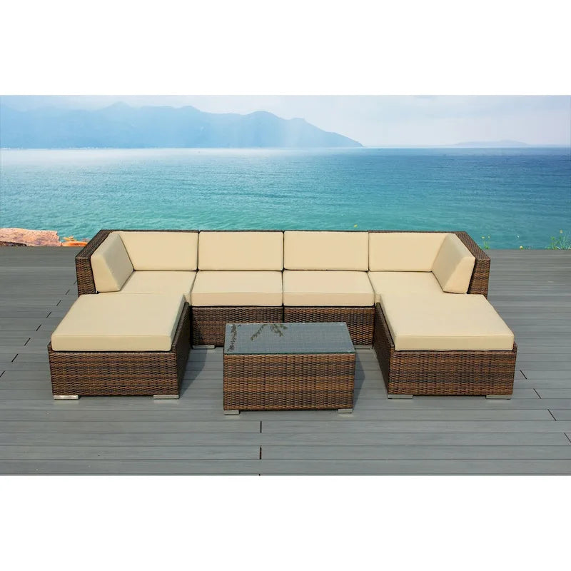Ensemble de conversation 7 pièces en osier marron mélangé Ohana pour terrasse – Aucun assemblage requis