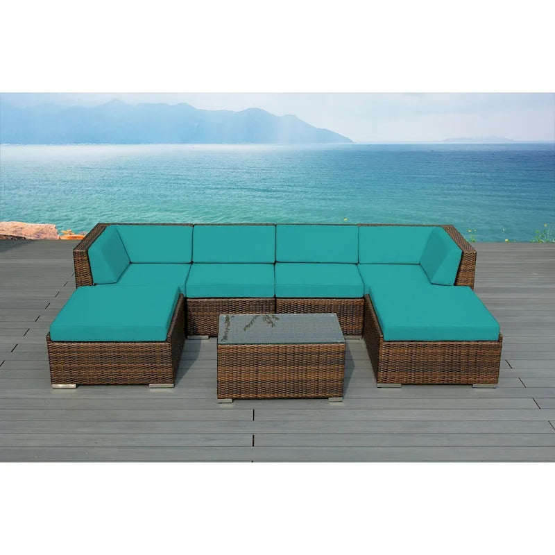 Ensemble de conversation 7 pièces en osier marron mélangé Ohana pour terrasse – Aucun assemblage requis