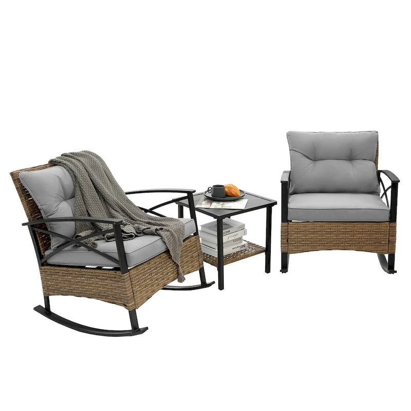Ensemble de 3 fauteuils à bascule en rotin pour la détente