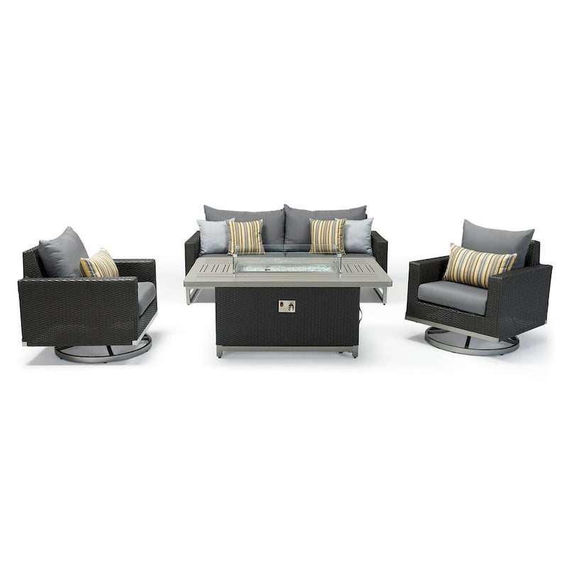Ensemble de patio extérieur Milo Espresso 4 pièces avec foyer et mouvement Sunbrella