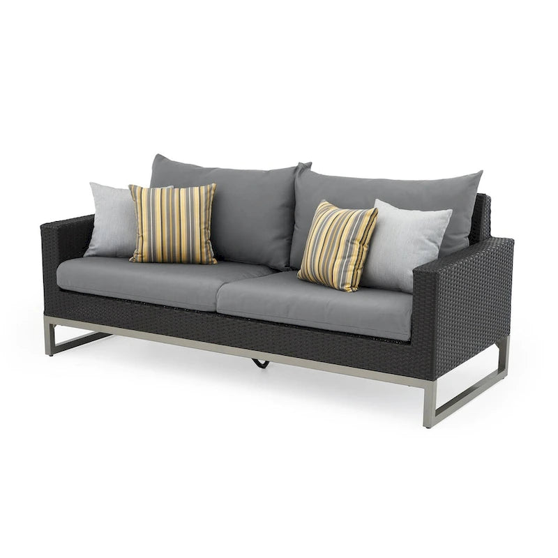 Ensemble de patio extérieur Milo Espresso 4 pièces avec foyer et mouvement Sunbrella