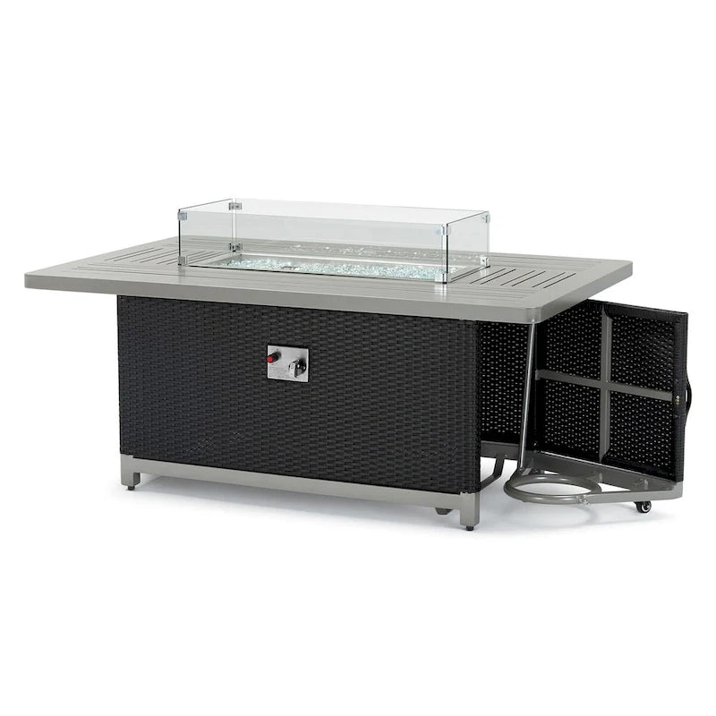 Ensemble de patio extérieur Milo Espresso 4 pièces avec foyer et mouvement Sunbrella