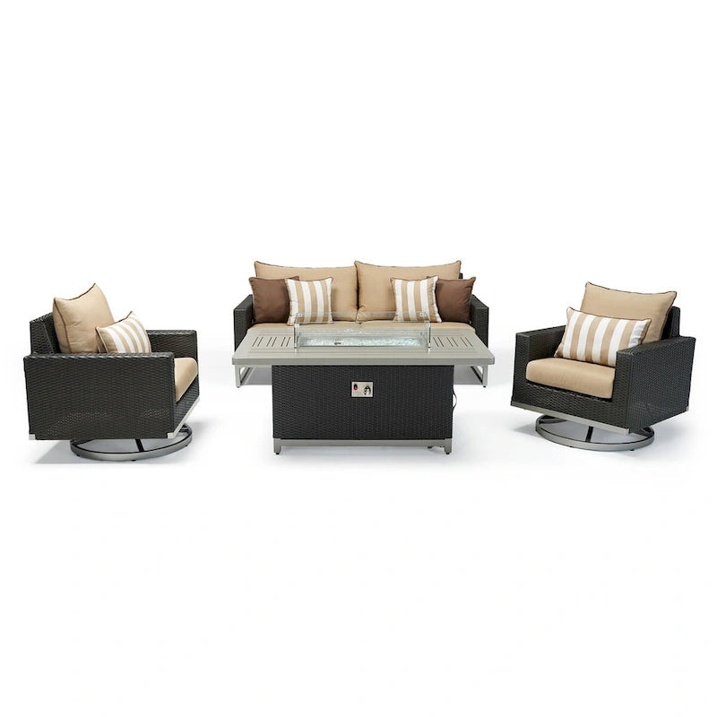 Ensemble de patio extérieur Milo Espresso 4 pièces avec foyer et mouvement Sunbrella