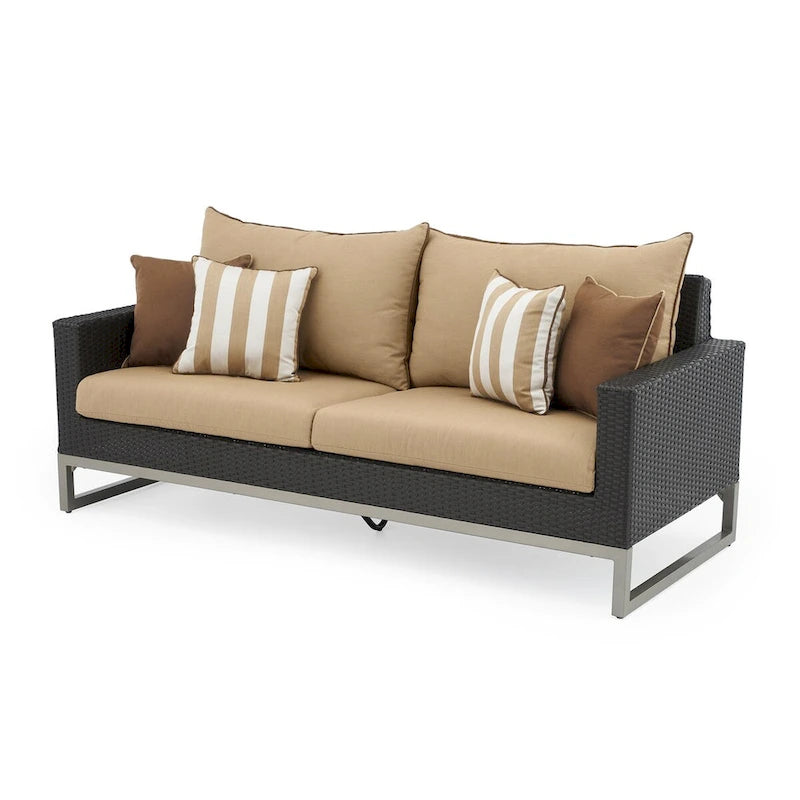 Ensemble de patio extérieur Milo Espresso 4 pièces avec foyer et mouvement Sunbrella