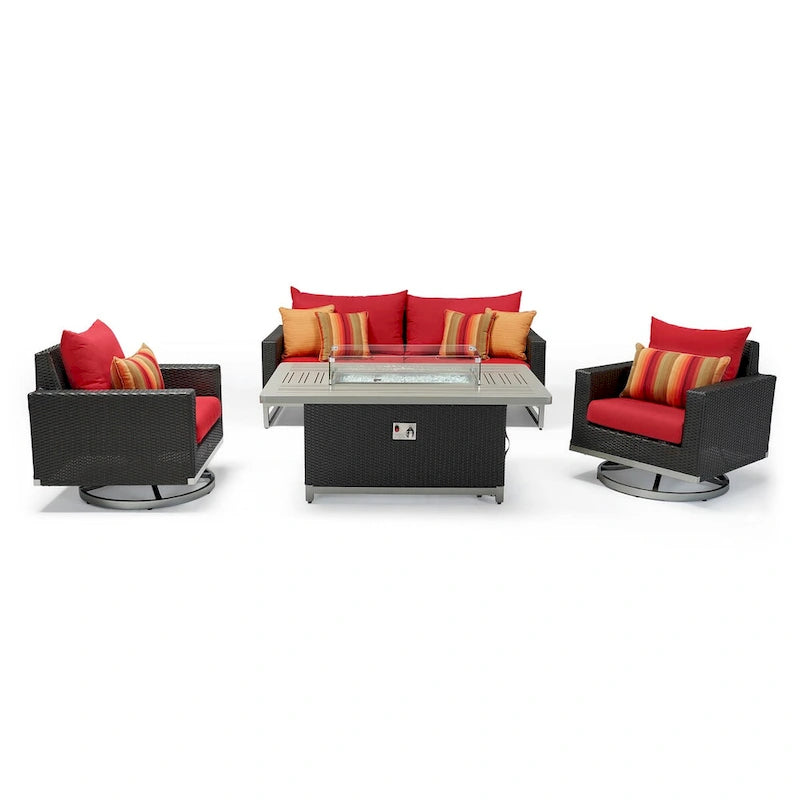 Ensemble de patio extérieur Milo Espresso 4 pièces avec foyer et mouvement Sunbrella
