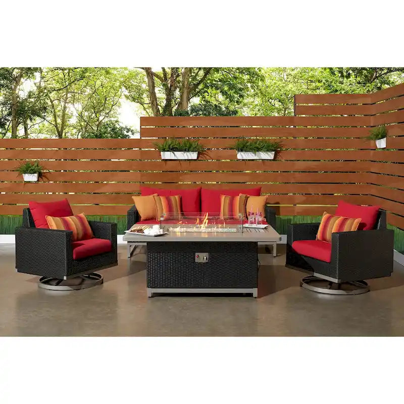 Ensemble de patio extérieur Milo Espresso 4 pièces avec foyer et mouvement Sunbrella