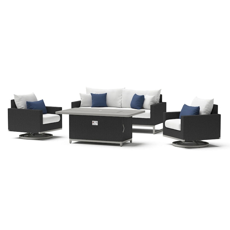 Ensemble de patio extérieur Milo Espresso 4 pièces avec foyer et mouvement Sunbrella