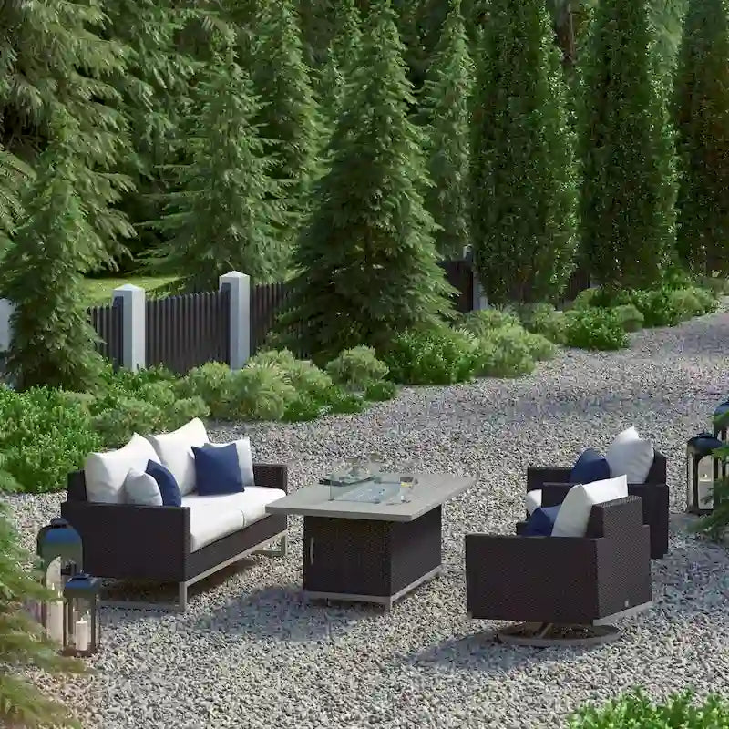 Ensemble de patio extérieur Milo Espresso 4 pièces avec foyer et mouvement Sunbrella