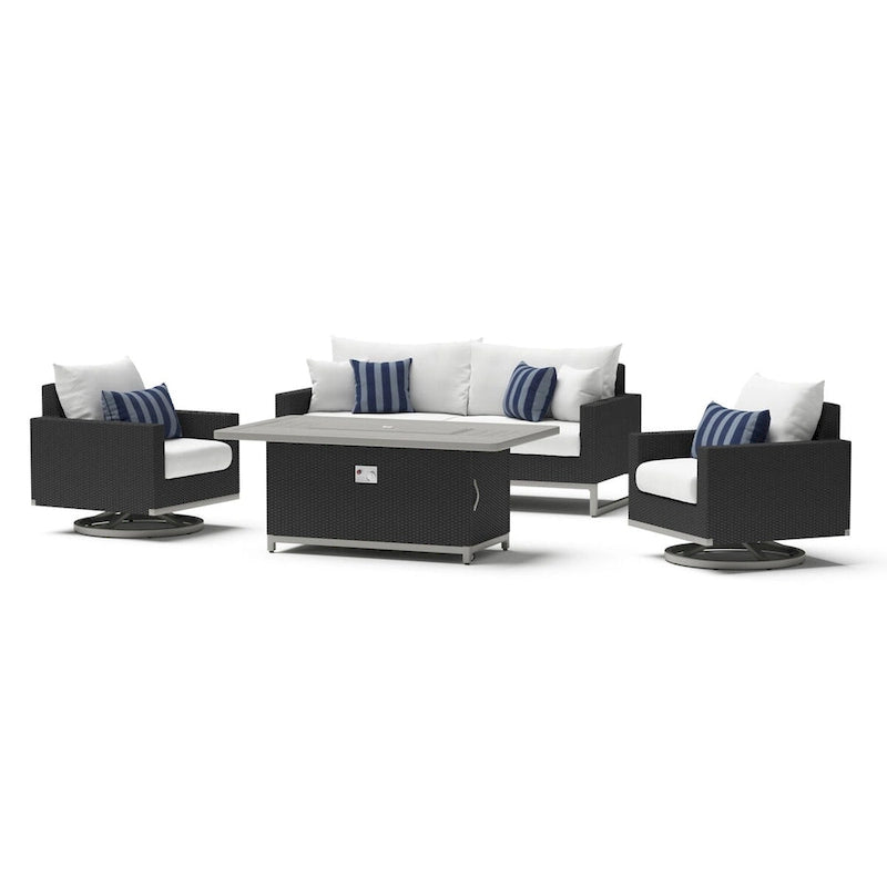 Ensemble de patio extérieur Milo Espresso 4 pièces avec foyer et mouvement Sunbrella