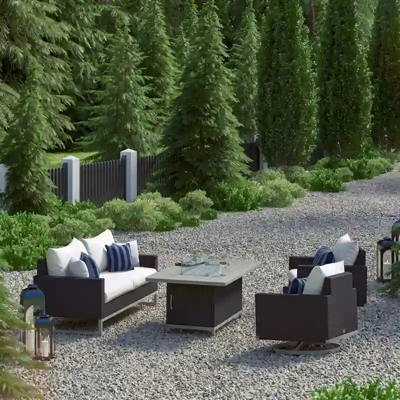 Ensemble de patio extérieur Milo Espresso 4 pièces avec foyer et mouvement Sunbrella
