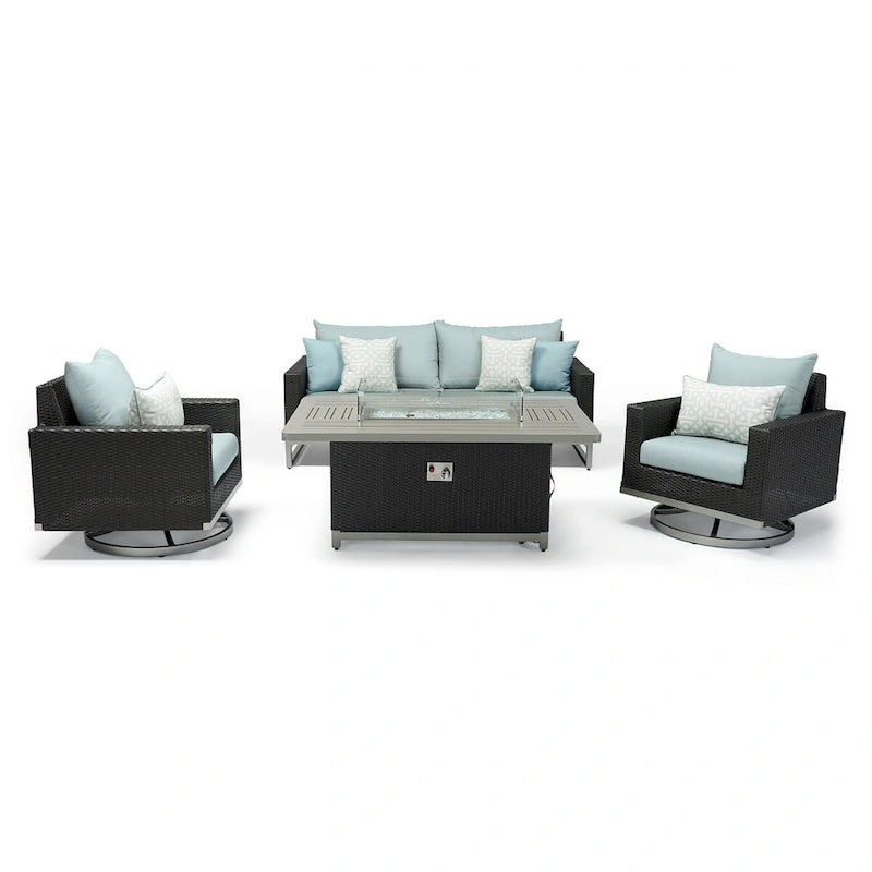 Ensemble de patio extérieur Milo Espresso 4 pièces avec foyer et mouvement Sunbrella