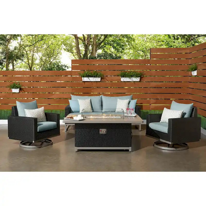 Ensemble de patio extérieur Milo Espresso 4 pièces avec foyer et mouvement Sunbrella