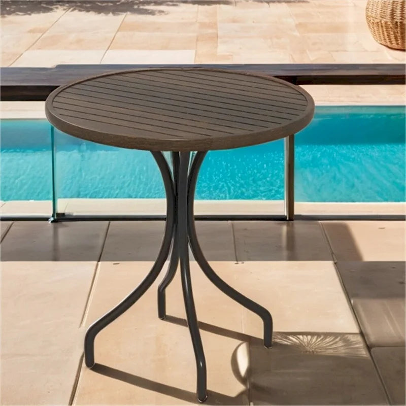 Table d'appoint ronde d'extérieur avec cadre en acier et plateau à lattes