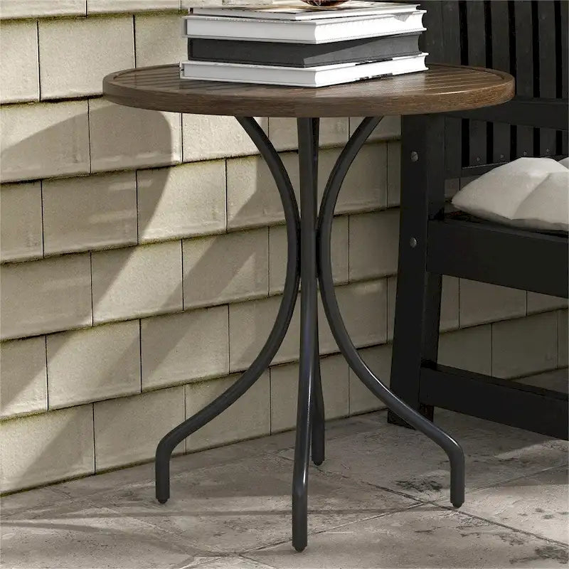 Table d'appoint ronde d'extérieur avec cadre en acier et plateau à lattes