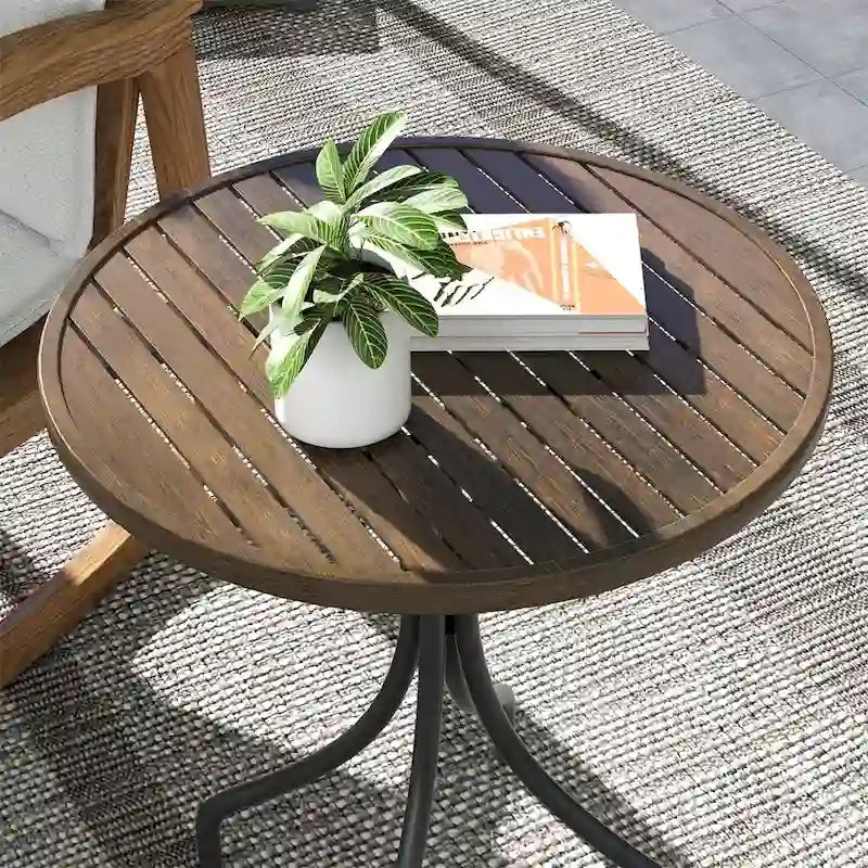 Table d'appoint ronde d'extérieur avec cadre en acier et plateau à lattes