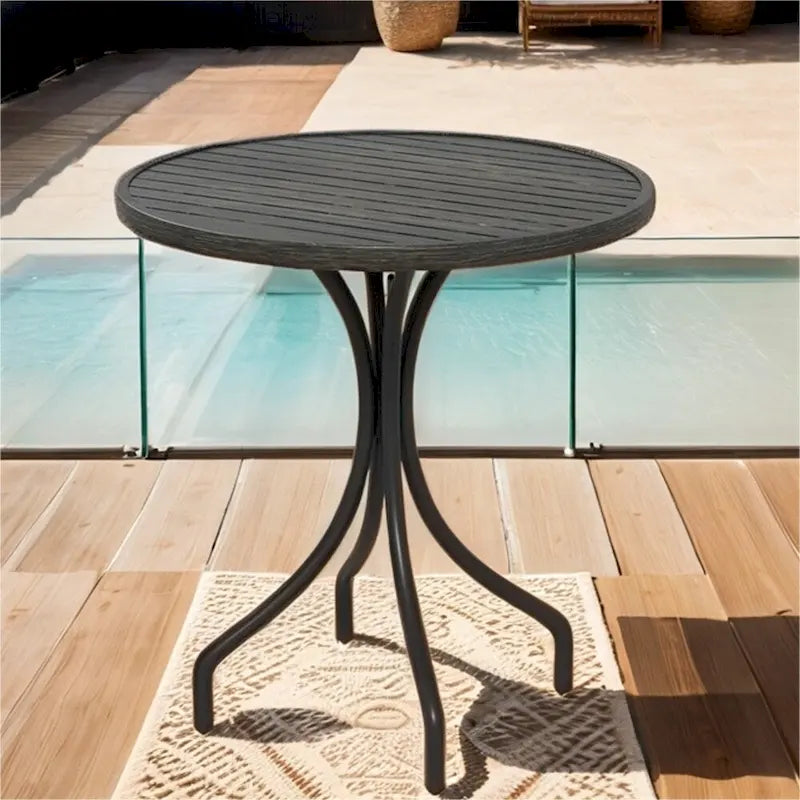 Table d'appoint ronde d'extérieur avec cadre en acier et plateau à lattes