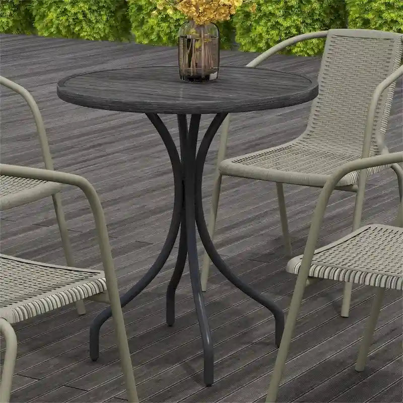Table d'appoint ronde d'extérieur avec cadre en acier et plateau à lattes