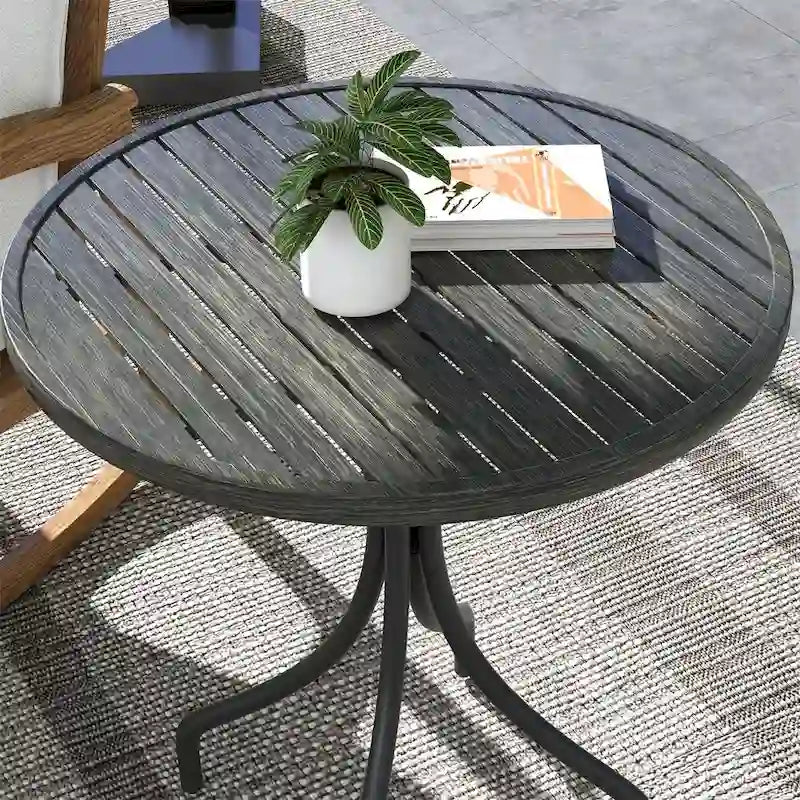 Table d'appoint ronde d'extérieur avec cadre en acier et plateau à lattes