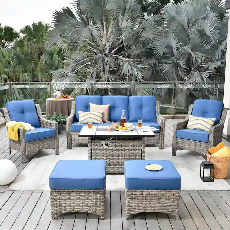 HOOOWOOO Ensemble de meubles de jardin 6 pièces en osier gris avec table brasero