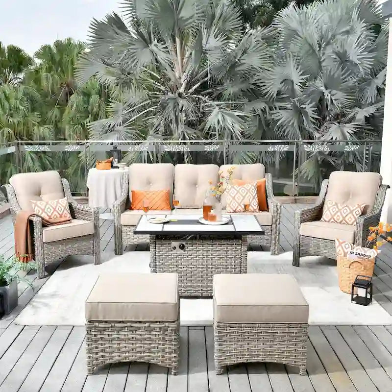 HOOOWOOO Ensemble de meubles de jardin 6 pièces en osier gris avec table brasero