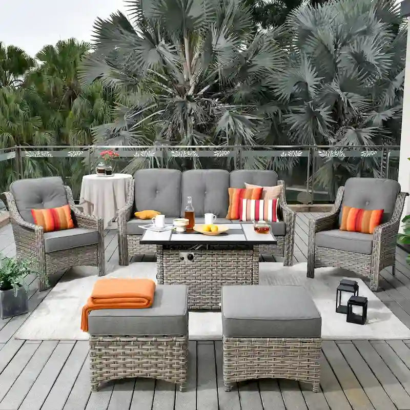 HOOOWOOO Ensemble de meubles de jardin 6 pièces en osier gris avec table brasero