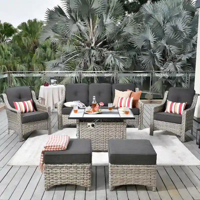 HOOOWOOO Ensemble de meubles de jardin 6 pièces en osier gris avec table brasero
