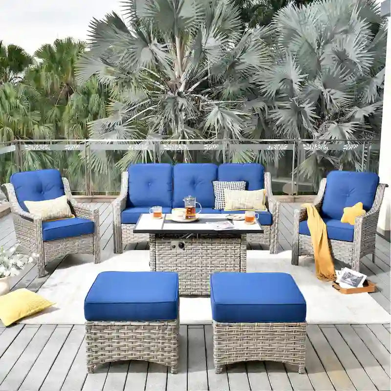 HOOOWOOO Ensemble de meubles de jardin 6 pièces en osier gris avec table brasero