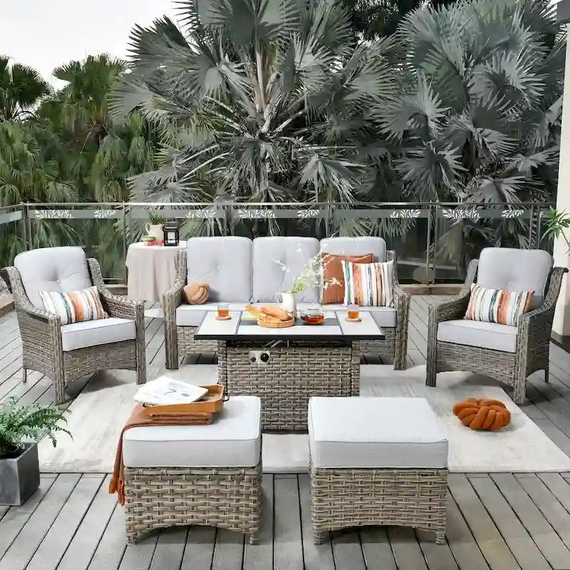 HOOOWOOO Ensemble de meubles de jardin 6 pièces en osier gris avec table brasero