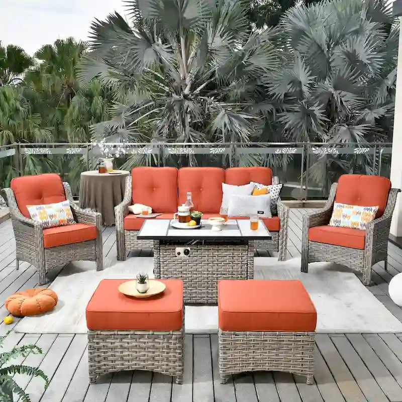 HOOOWOOO Ensemble de meubles de jardin 6 pièces en osier gris avec table brasero
