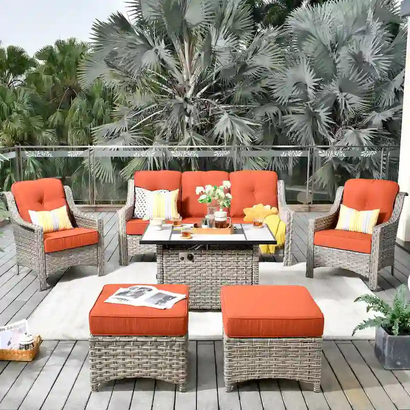 HOOOWOOO Ensemble de meubles de jardin 6 pièces en osier gris avec table brasero
