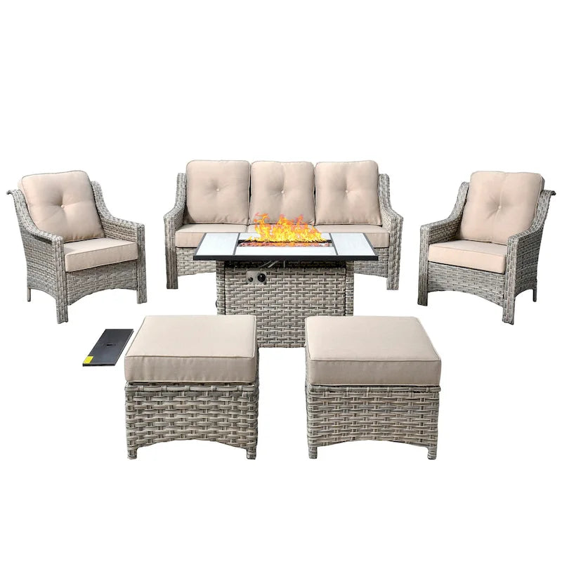 HOOOWOOO Ensemble de meubles de jardin 6 pièces en osier gris avec table brasero