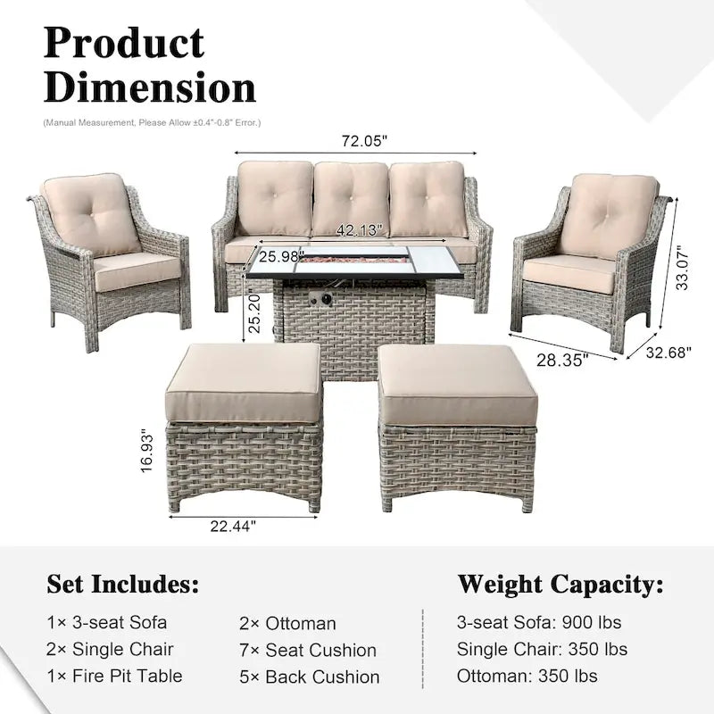 HOOOWOOO Ensemble de meubles de jardin 6 pièces en osier gris avec table brasero
