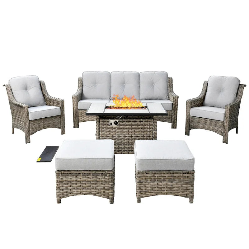 HOOOWOOO Ensemble de meubles de jardin 6 pièces en osier gris avec table brasero
