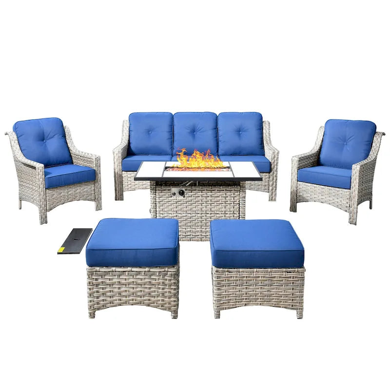 HOOOWOOO Ensemble de meubles de jardin 6 pièces en osier gris avec table brasero