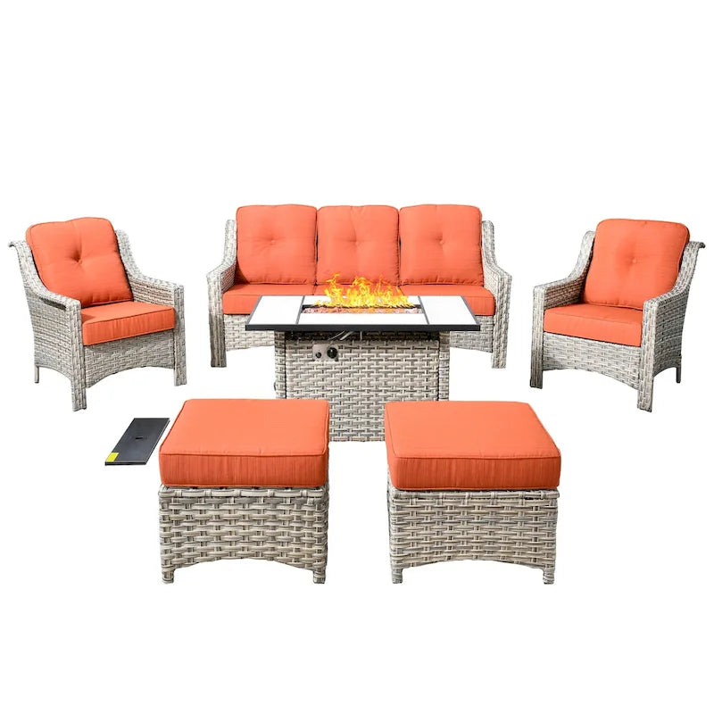 HOOOWOOO Ensemble de meubles de jardin 6 pièces en osier gris avec table brasero
