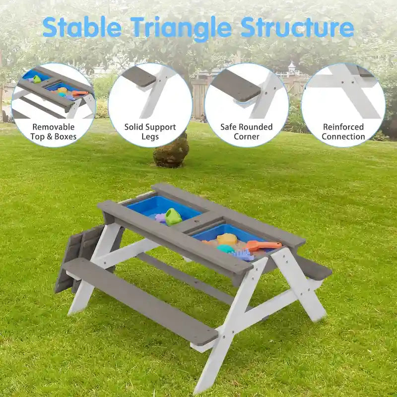 Table de pique-nique extérieure en bois 3 en 1 pour enfants avec parasol, convertible en table de sable et d'eau, certifiée ASTM et CPSIA, grise