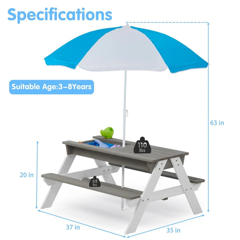 Table de pique-nique extérieure en bois 3 en 1 pour enfants avec parasol, convertible en table de sable et d'eau, certifiée ASTM et CPSIA, grise