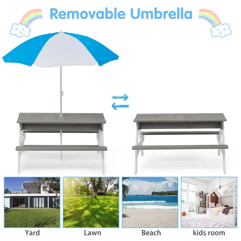 Table de pique-nique extérieure en bois 3 en 1 pour enfants avec parasol, convertible en table de sable et d'eau, certifiée ASTM et CPSIA, grise