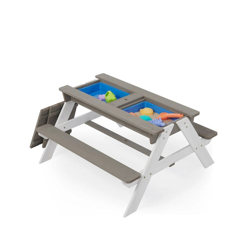 Table de pique-nique extérieure en bois 3 en 1 pour enfants avec parasol, convertible en table de sable et d'eau, certifiée ASTM et CPSIA, grise