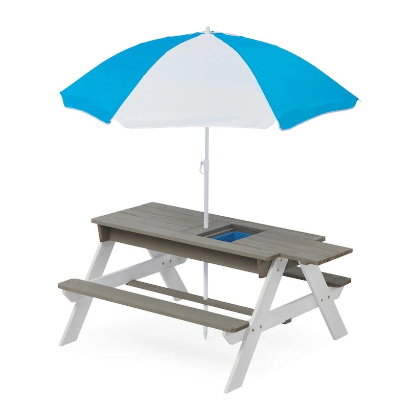 Table de pique-nique extérieure en bois 3 en 1 pour enfants avec parasol, convertible en table de sable et d'eau, certifiée ASTM et CPSIA, grise