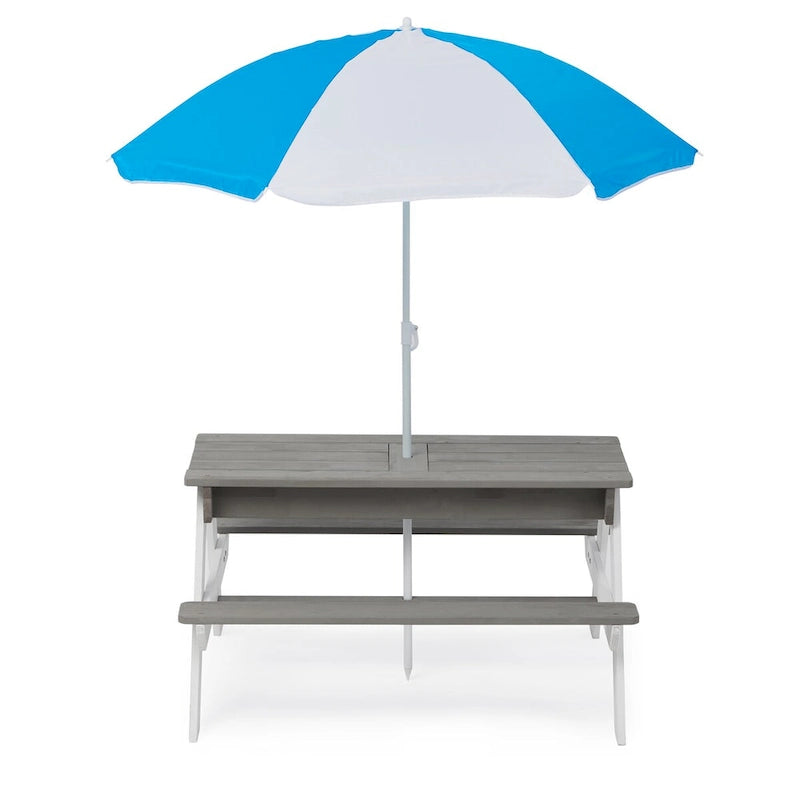 Table de pique-nique extérieure en bois 3 en 1 pour enfants avec parasol, convertible en table de sable et d'eau, certifiée ASTM et CPSIA, grise