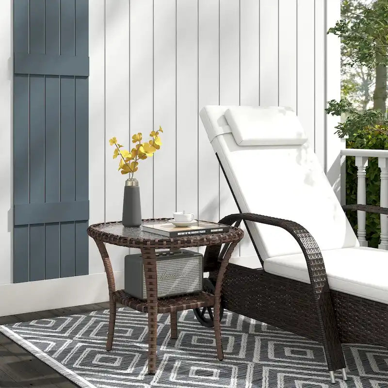 Outdoor Rattan Coffee Table with Storage Shelf, Wicker Side Table with Glass Top
