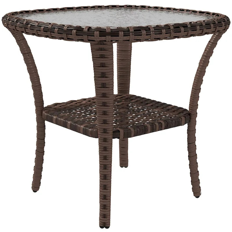 Table basse d'extérieur en rotin avec étagère de rangement, table d'appoint en osier avec plateau en verre