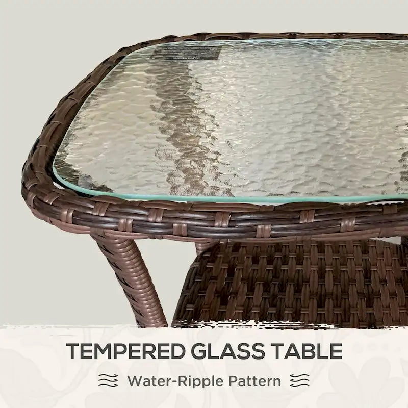 Table basse d'extérieur en rotin avec étagère de rangement, table d'appoint en osier avec plateau en verre